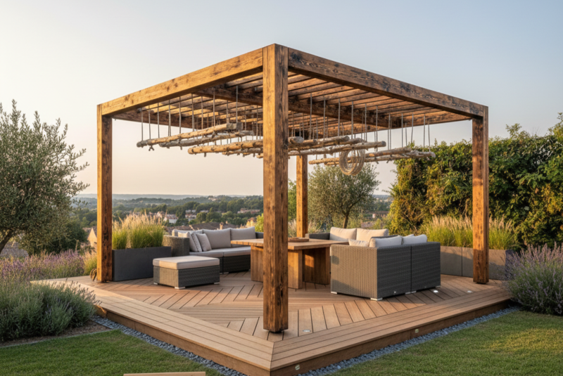 Aménagement extérieur avec pose de pergola en bois flotté ou bois brûlé tendance et terrasse bois à Vieille-Toulouse 31320